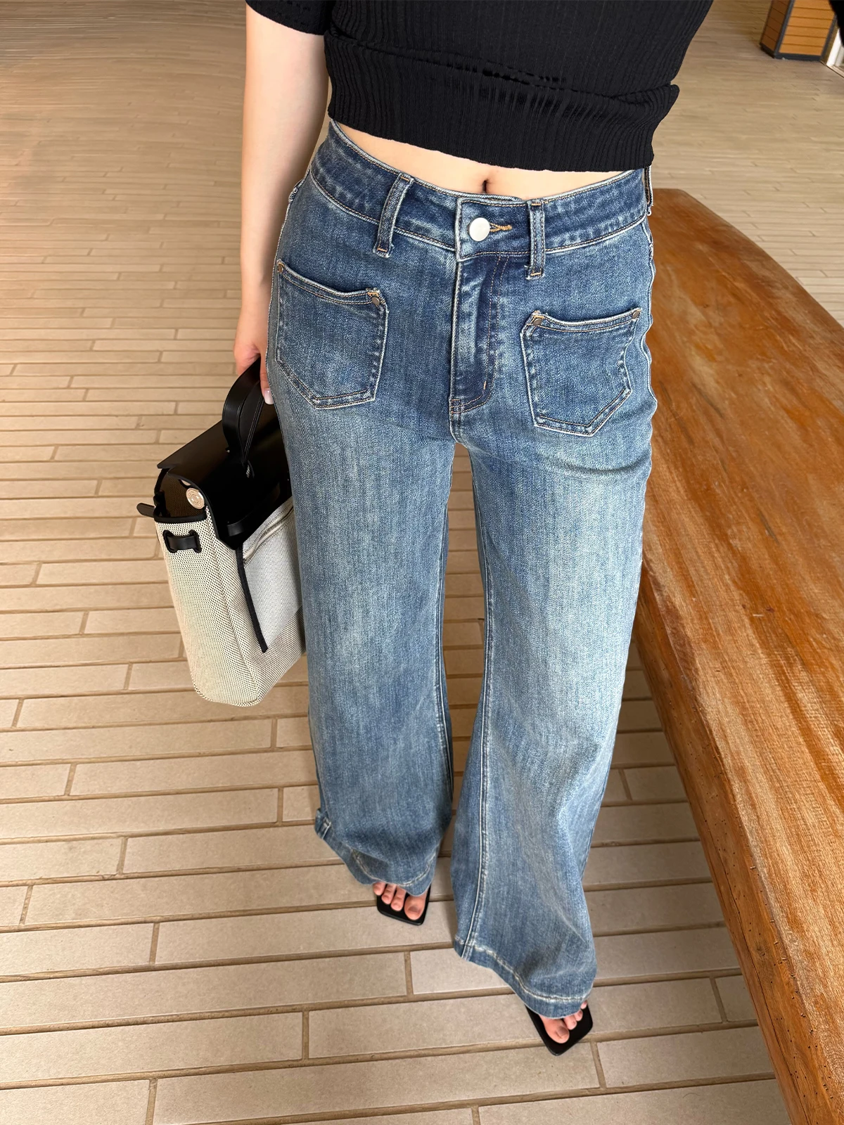 

ZhouMiao Denim Straight Leg Pants Women's Slim Fit Four-Way Stretch Micro Flare Jeans Casual Cotton Blend Zipper Fly