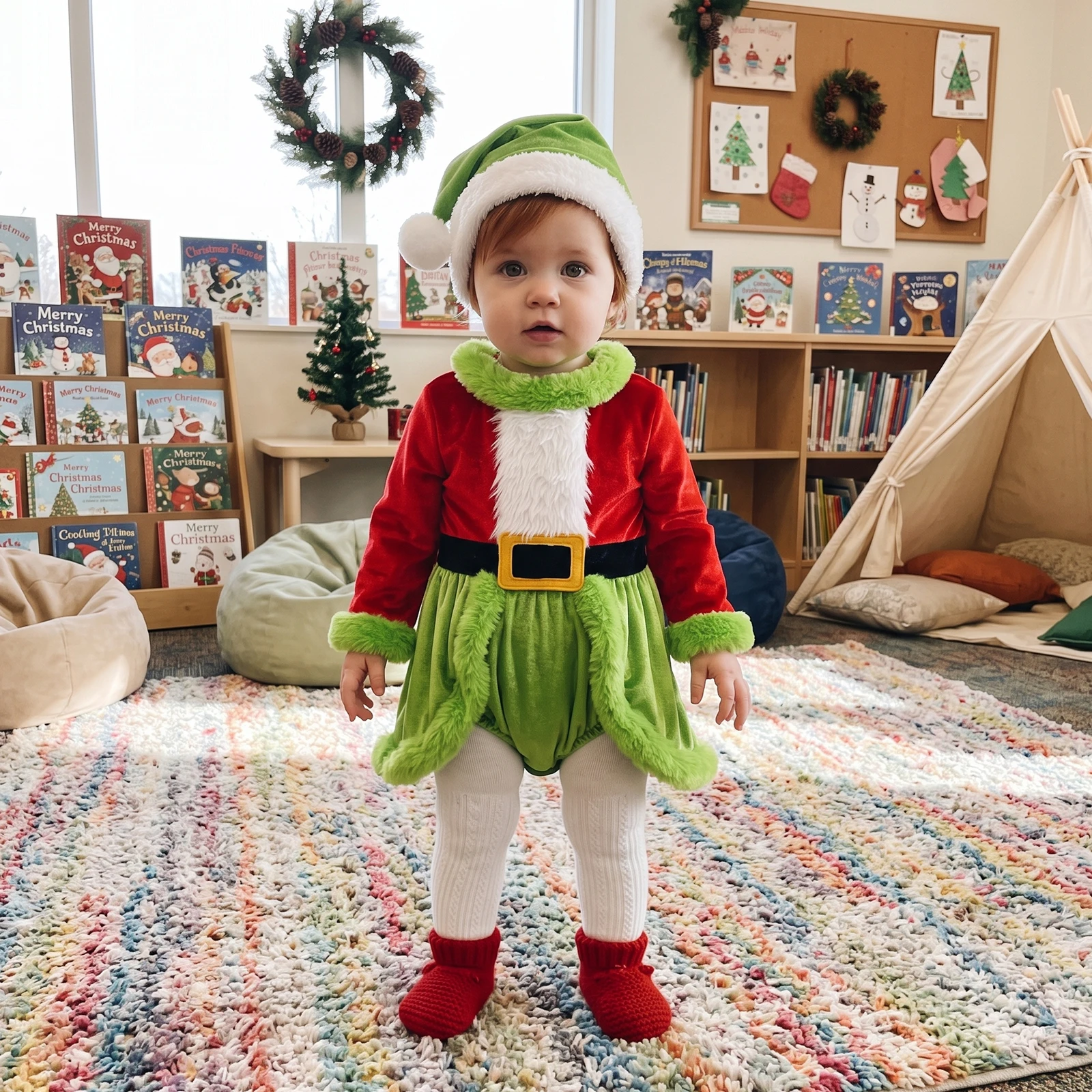 2027 New Years Toddler Baby Girls Christmas Costumes Fashion Winter Warmer Green Monster Romper Dress and Santa Hat