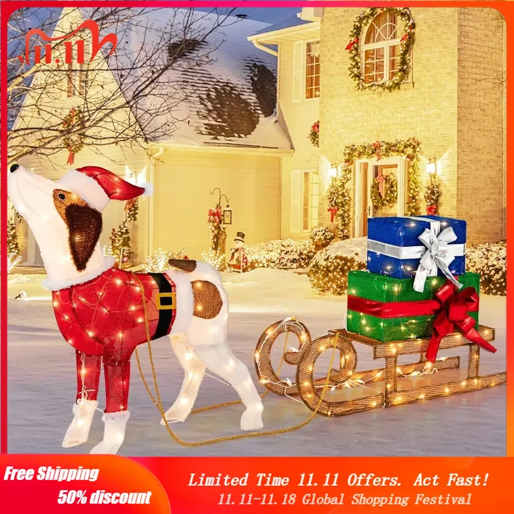 Lighted Christmas Dog with Sleigh & Gift Boxes Combo Decorations, Xmas Lighted Indoor Decorations, Pre-lit Christmas Decoration