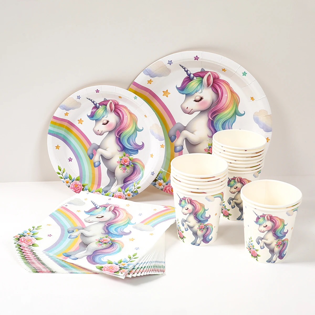 【セール中】レインボーユニコーン使い捨て食器ハッピー 1st 誕生日パーティーの装飾子供ユニコーンテーマ結婚式ベビーシャワー女の子用品