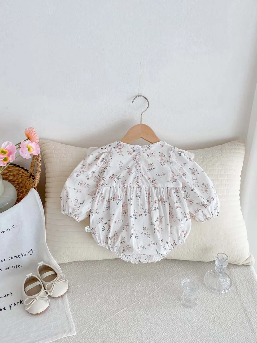 Baby Girl's Spring and Autumn Clothes Sweet Floral Long-sleeved jumpsuit Lace Lapel jumpsuit