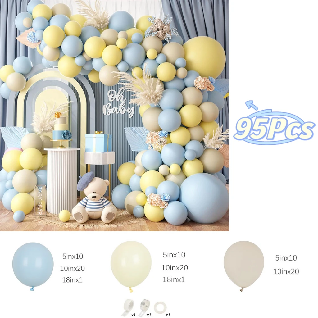 95Pcs Blue Yellow Balloon Arch Kit White Sand Macaron Yellow Blue Balloon Baby Shower Bee Bear Theme Birthday Party Decorations