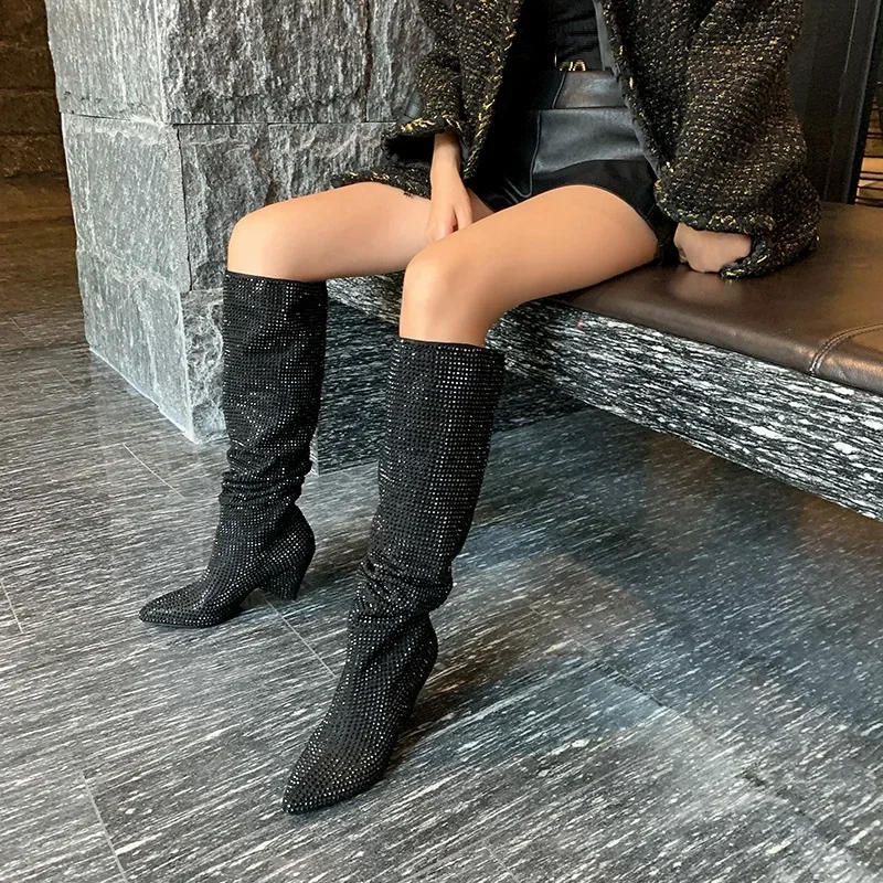 Women Mid Calf Boots Spike Heel Luxury Shoes Spring Autumn Wedding Party Pumps Sip On Pleated Boots Internet Celebrity Shoes