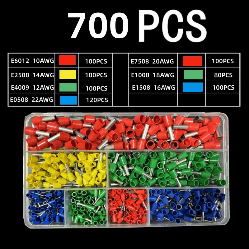 700pcs European Type Tube Terminals Wire Connector Crimper Cable Electrical Pressure Connection Ring Cold Crimp Terminals