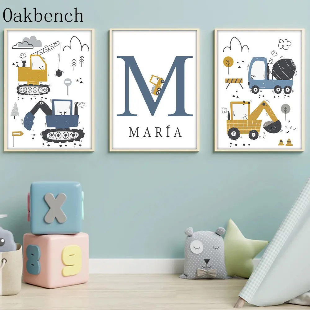 Excavator Canvas Painting Name Custom Print Pictures Crane Art Prints Toys Cars Wall Art Nursery Posters Kids Boys Room Decor - Image 3