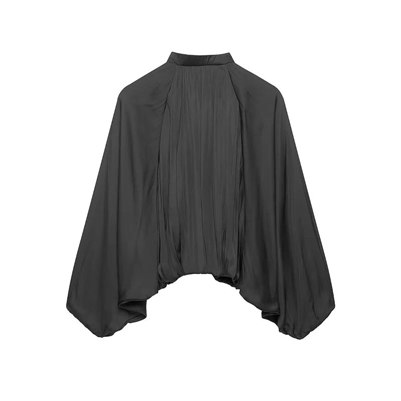 YENKYE New Women Black Satin Crop Jacket Batwing Sleeve Casual Autumn Outerwear