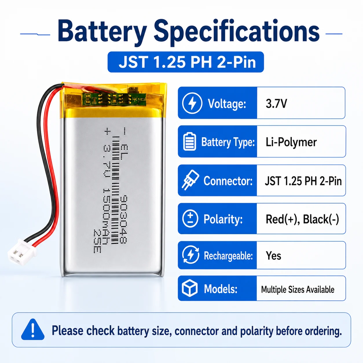 1500mAh 3.7V 103048 Lipo Battery with JST 1.25mm 2Pin Connector Rechargeable Lithium Polymer for GPS Speaker 803048 123048