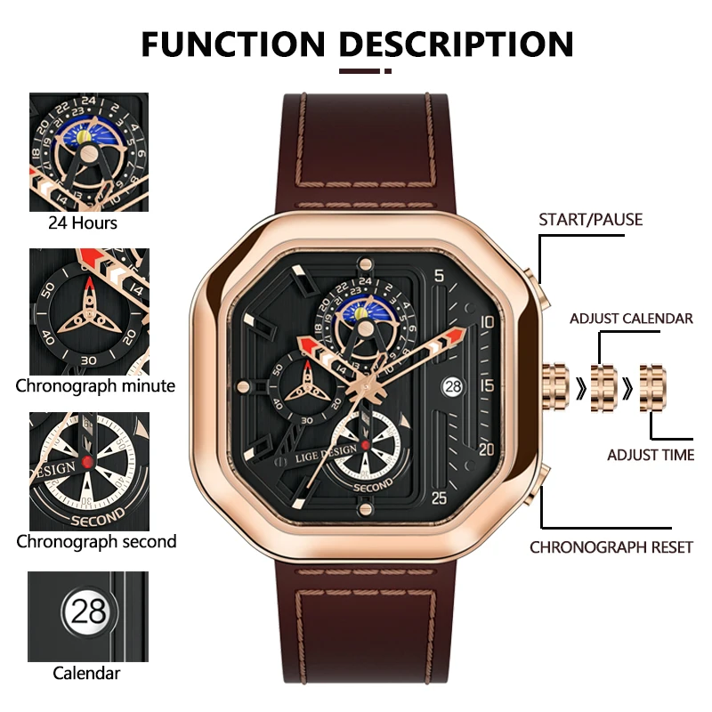 LIGE Mens Watch Square Sport Quartz Wristwatch 30M Waterproof Stopwatch Hollow out Watches for Men Date Clock Luminous Watch Men