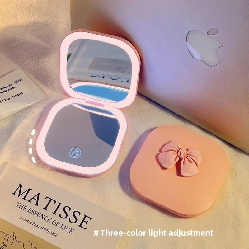 1 Stück Make-up-Spiegel für Frauen, tragbar und handgehalten, LED mit leicht zusammenklappbarem Ausbesserungsspiegel, luxuriös und hochwertig