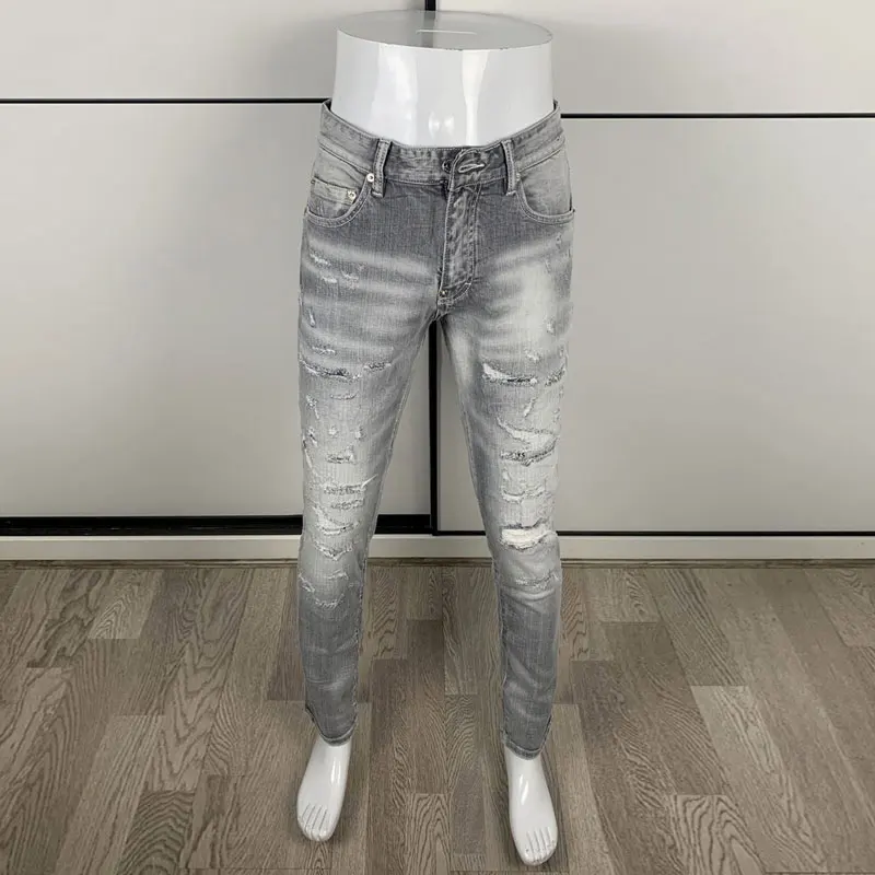 

Street Fashion Men Jeans Retro Gray Stretch Skinny Fit Patched Ripped Jeans Men Brand Designer Hip Hop Vintage Denim Pants Homme