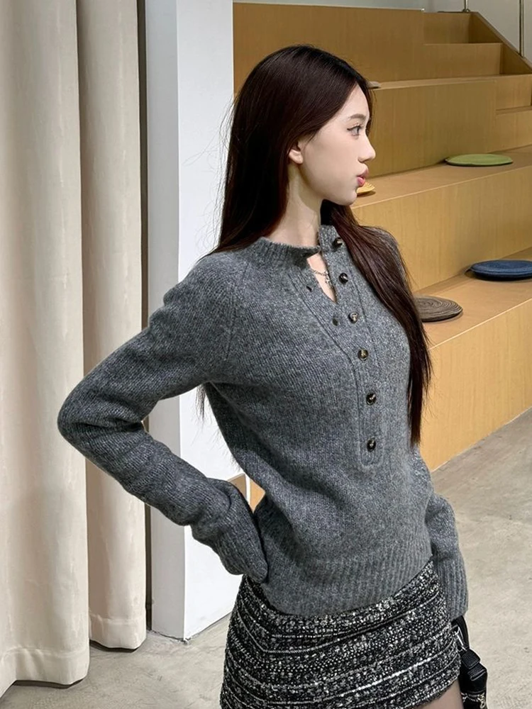 Jmprs Slim Buttons Gray Sweaters Women Vintage Long Sleeve Simple Knitted Pullovers Korean Fall Retro Casual Female Sweet Tops