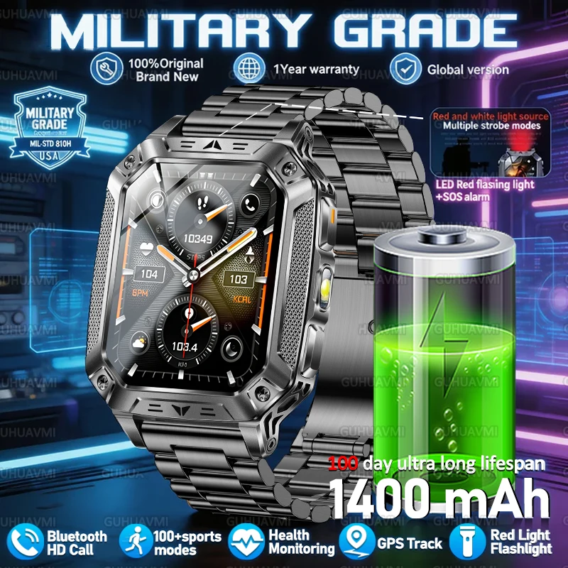 

2026 New Outdoor Military Smart Watch For Man 2.01" AMOLED 1400mAh Battery IP69K Swim Flashlight Heart Rate Wireless Call Watch