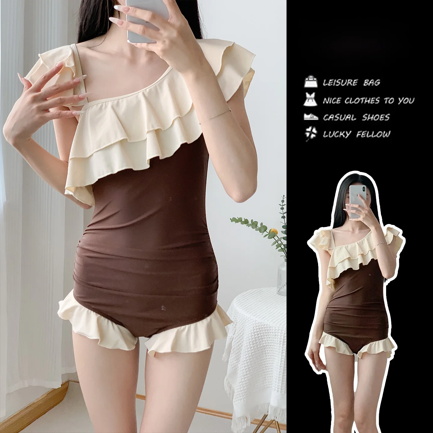 保守的なスタイルの女性用水着-温泉や休暇に最適-痩身デザイン-美しいレーストリム-高弾性生地