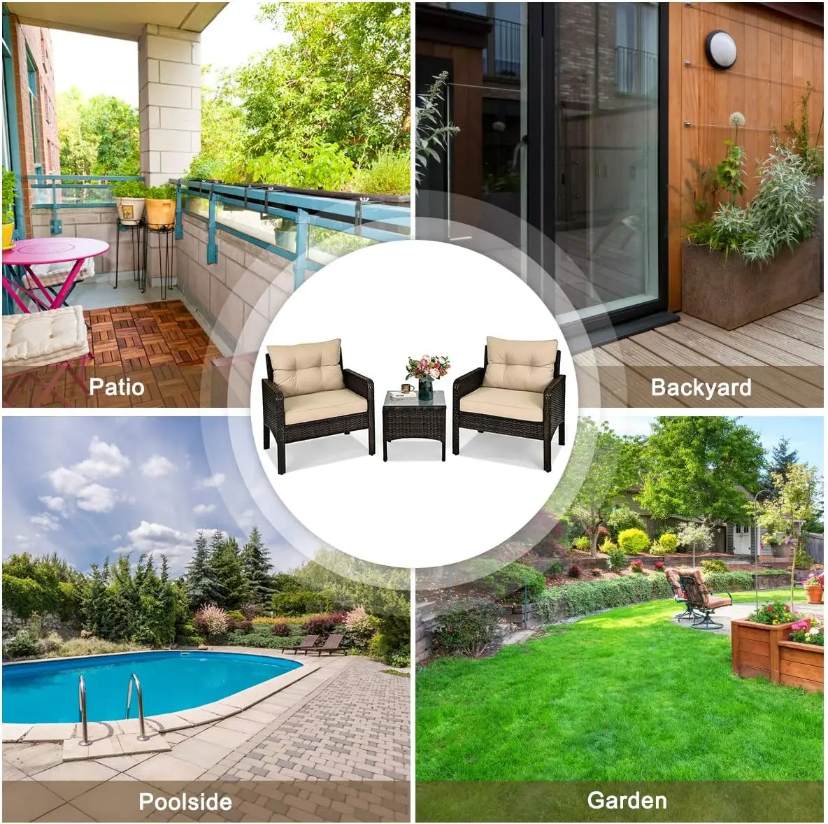 Conjunto de pátio externo de 3 peças, sofá de vime com almofadas grossas, conjunto de bistrô de vime marrom para varanda, deck de jardim