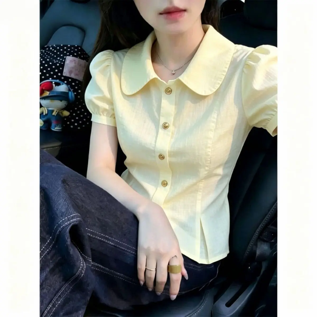 

Sweet Style Pure Color Short Sleeve Shirt Women's Summer New Small Size Doll Collar Design Sense Atmosphere Cardigan Top