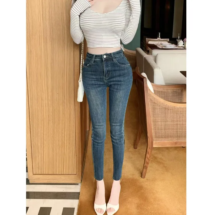 

Облегающие джинсы с высокой талией, корейские сексуальные эластичные джинсовые брюки Bootcut Pure Desirable, универсальные хлопковые эластичные джинсовые брюки