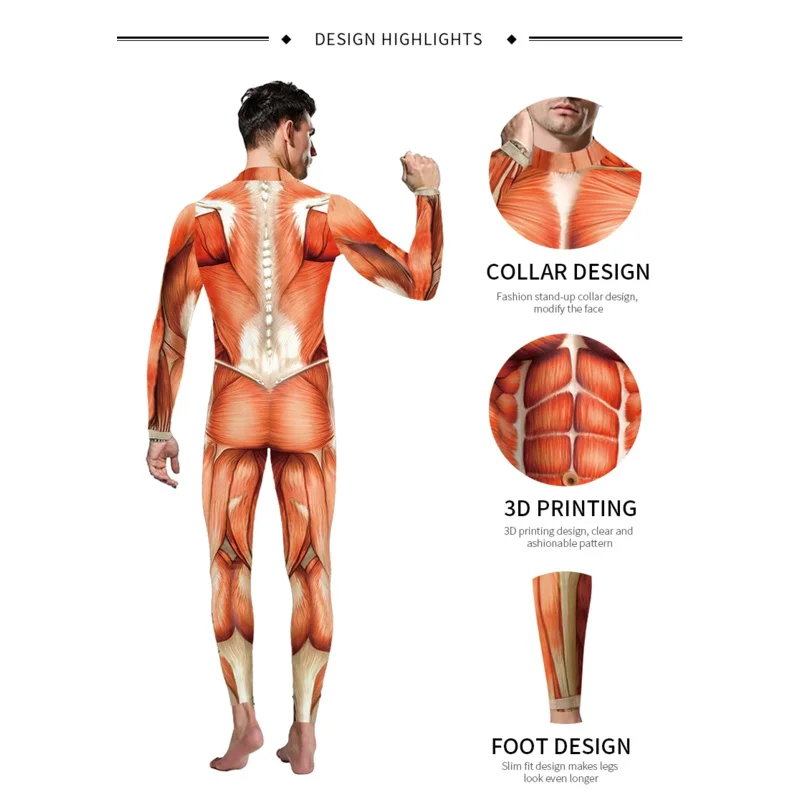 성인용 할로윈 코스프레 코스튬, 긴팔 3D 디지털 프린트 파티 카니발 젠타이 근육 바디 수트, 슬림 점프수트 캣수트