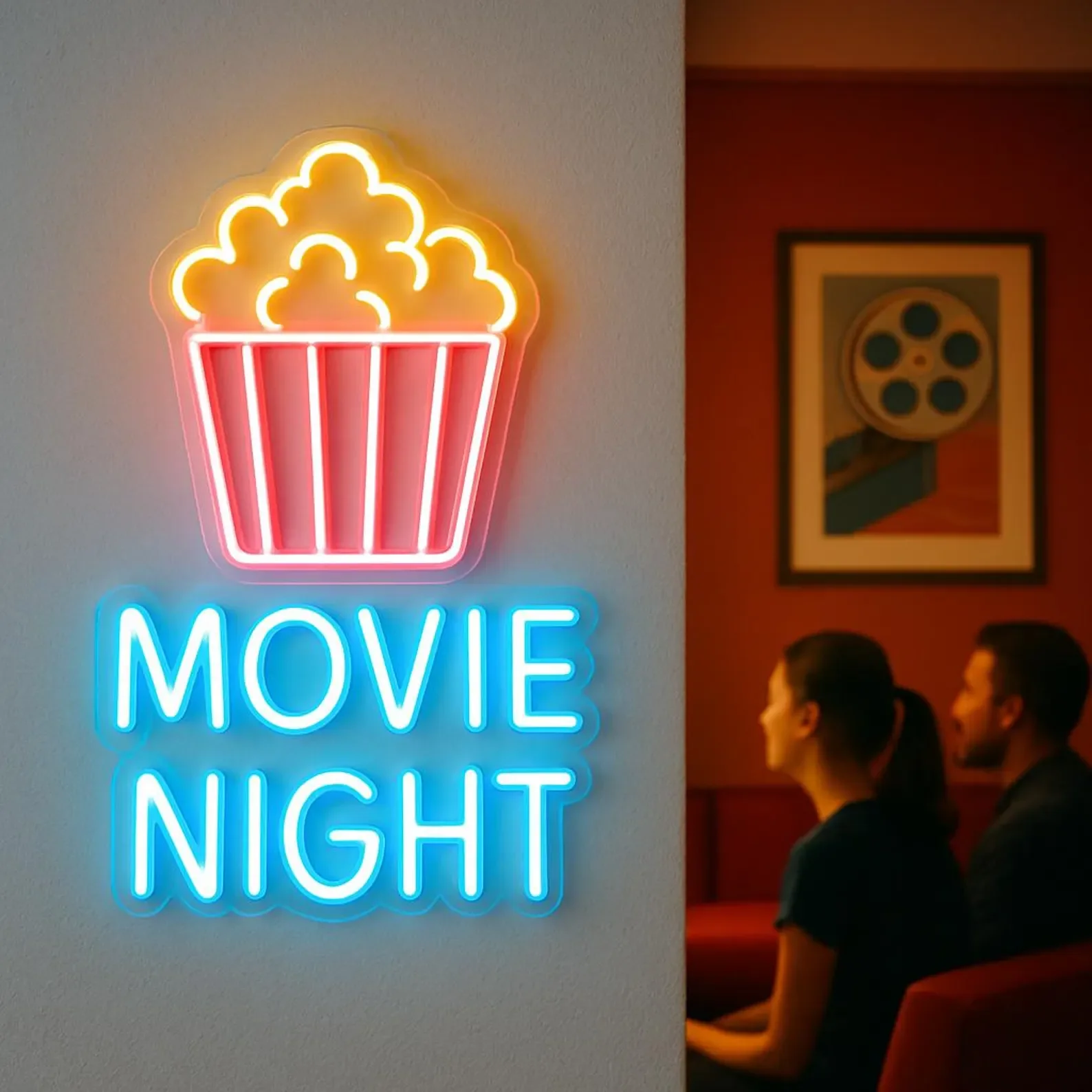 Movie Night And Popcorn Neon Sign,Home Cinemas Light,Cinema Cafe And Cinema Bars Led Sign,Film Night LED Neon,Man Cave Neon Sign