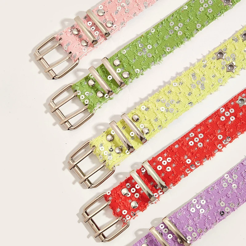 Y2K Punk Star Sequins เข็มขัดผู้หญิงผู้ชาย PU สายรัดเอวคู่แถว Hollow อินเทรนด์เข็มขัดกางเกงยีนส์กระโปรงตกแต่ง