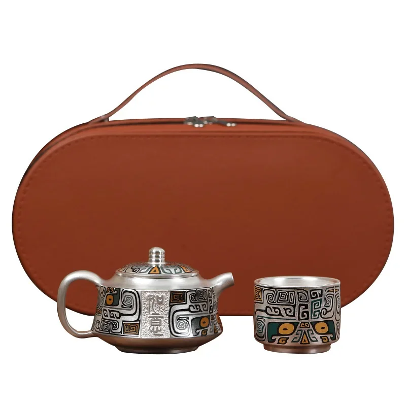 Luxury 999 sterling silver ceramic colored portable Kungfu pot household office gift Tea Cup Set with tiny leather suitcase