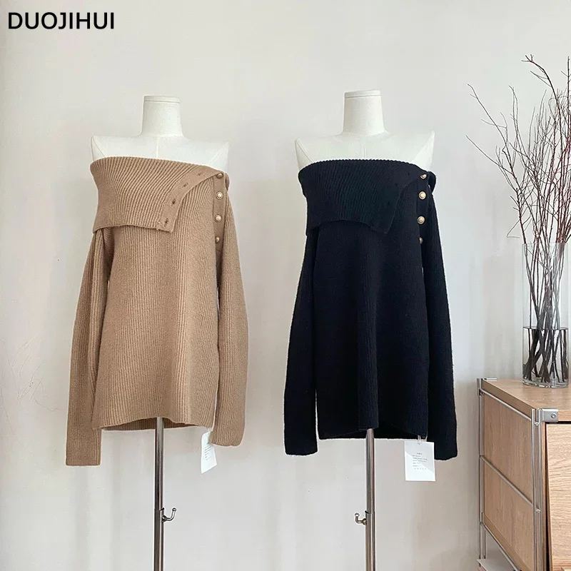 

DUOJIHUI Irregular Chicly Button Casual Female Pullover Women Autumn New Sweet Loose Simple Pure Color Knitting Sweater Pullover