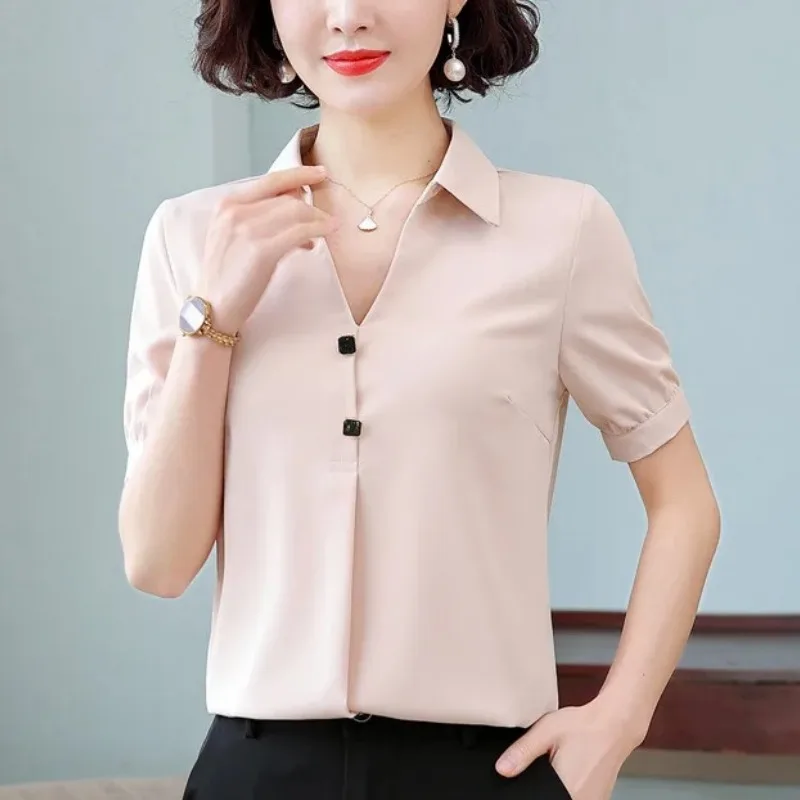 Women\'s Solid Color V-Neck Summer Pullover Button Turn-down Collar Short Sleeve T-shirt Loose Office Lady Flattering Tops