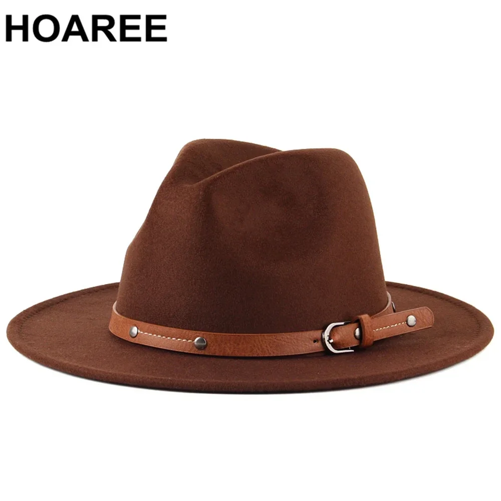 

HOAREE Coffee Fedora Hats for Women Men Classic British Felted Hat with Leather Belt Decorate Imitation Woolen Winter Jazz Cap