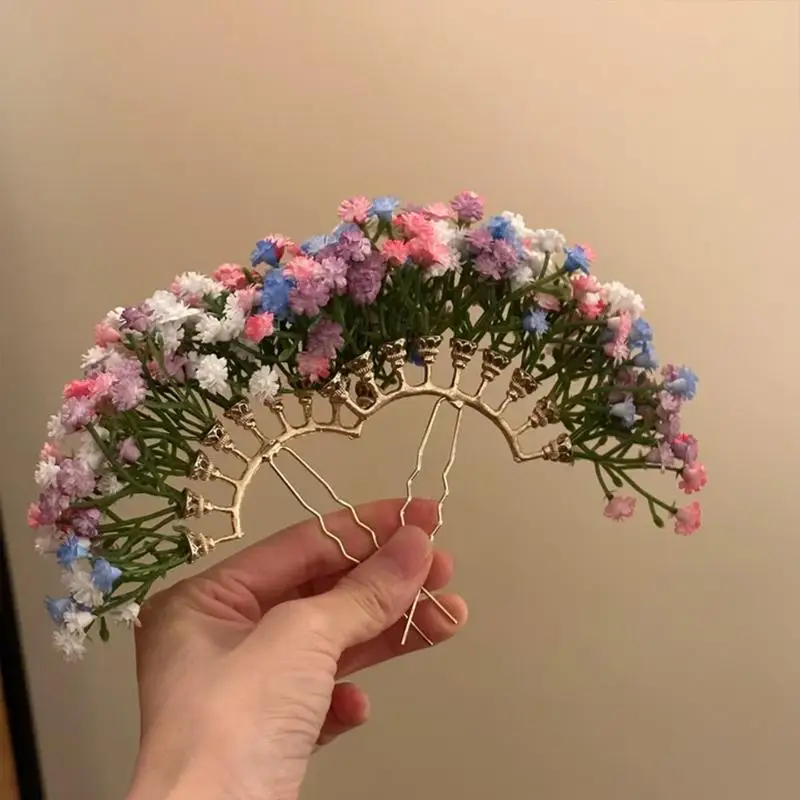 1 Stück handgefertigte Gypsophila-Blumenfächer-Haarnadel mit zarten bunten Blumen und goldenem Rahmen für Hanfu, traditionelle Feste und den täglichen Gebrauch. – Detail 4
