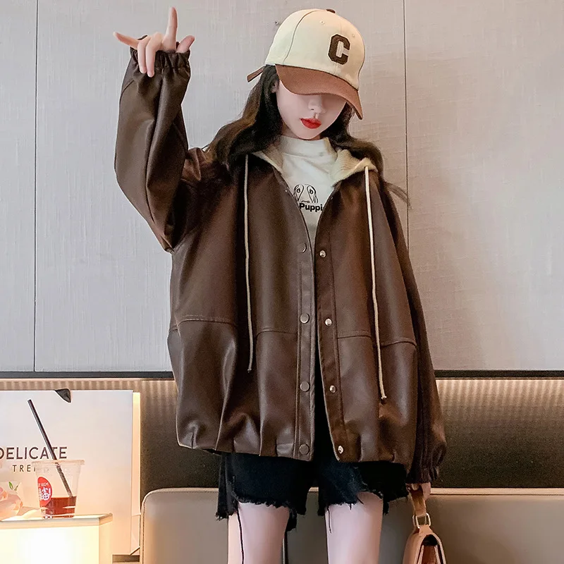 Jacket for Girls Autumn 2024 PU Leather Hooded Outerwear Teenage School Kids Tops Clothes Tide Cool Casual Coats 12 13 14 Years