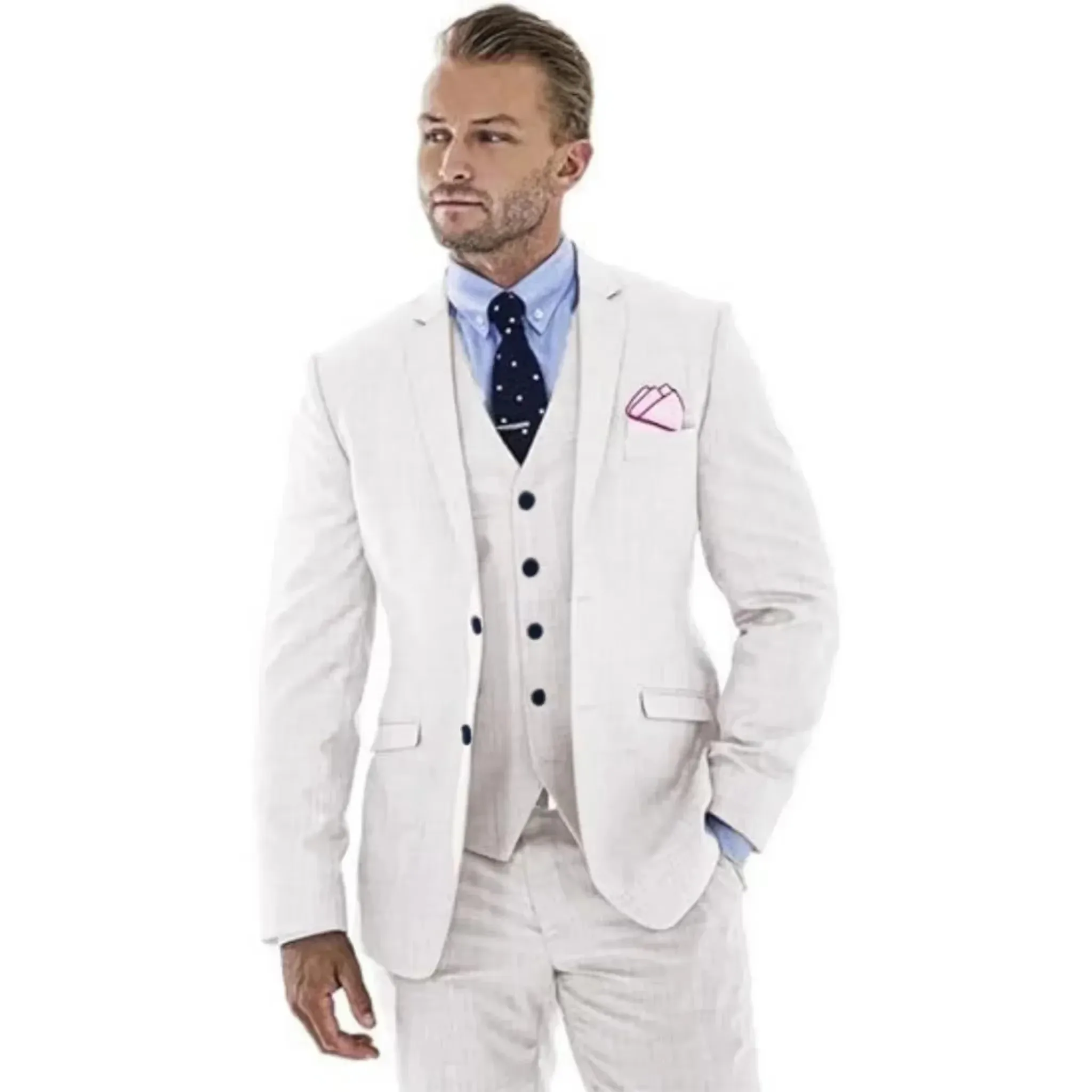 

White Linen Wedding Men Suits Groom Tuxedos for Party Prom Slim Fit Casual Notched Lapel Jacket Vest Pants Summer Suits Set