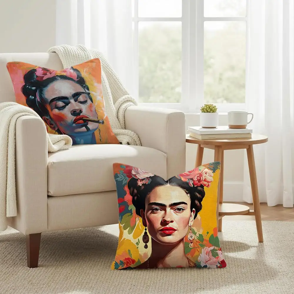 F-Frida Kahlo Classic Art Cushion Cover Natural Linen Organic Fabric Double-Sided Printing Sofa Home Decor Gift Pillow Case
