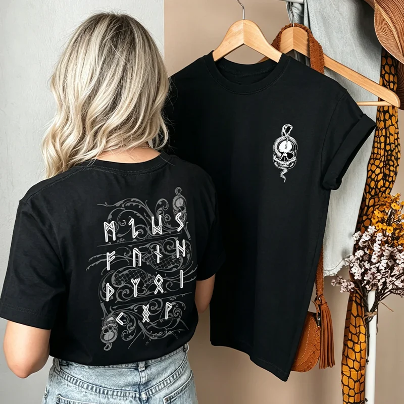 Vintage Dark Mark Death Eater Norse Rune Letter T‑Shirt Front Back Print Gothic Snake Wizard Fandom Casual Tops Cotton Tee Tops
