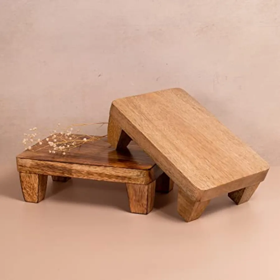 

Wooden Tray Pedestal Decor Display Riser for Plant and Other Home, Kitchen or Bathroom Accessories Hand Carved Mango Wood 2 Fin