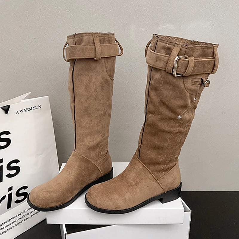 

Knee High Women's High Boots Flats Designer Buckle Fashion Shoes New Winter Boots 2025 Casual Dress Chelsea Botas Mujer Zapatos