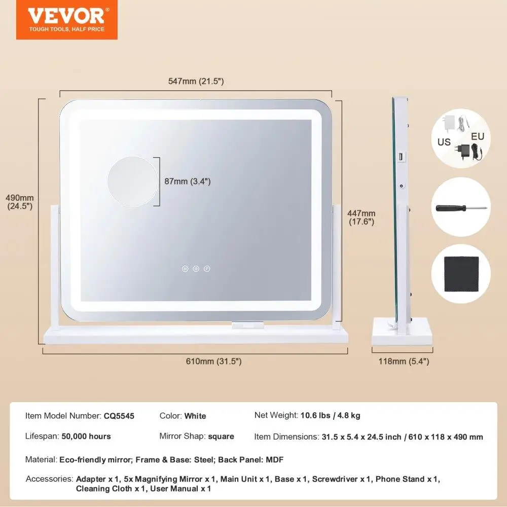 Espejo de maquillaje iluminado Ampliación de puerto USB de tocador de 3 colores 21,7x17,7 pulgadas