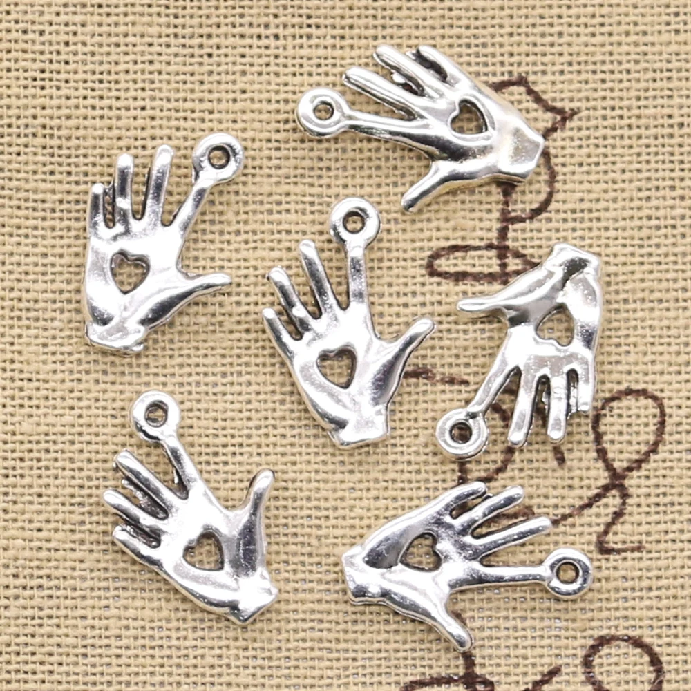 30pcs Charms Palm Hand Heart Cut 12x18mm Antique Silver Color Pendants Tibetan Findings DIY Handmade Making Craft