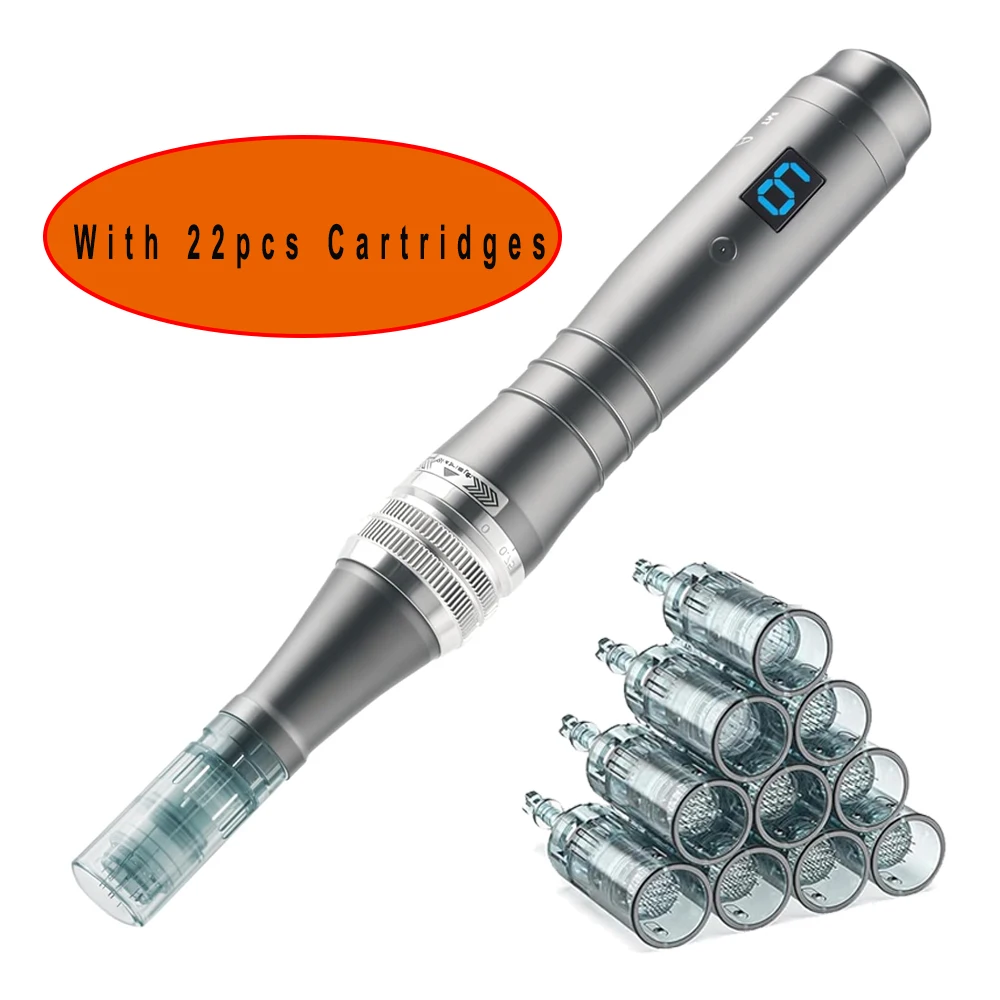 stylo-de-micro-aiguilletage-sans-fil-derma-pen-ultima-m8-avec-22-cartouches-d'aiguilles-de-025-mm-6-vitesses-numeriques-appareil-de-soin-du-visage-et-de-beaute