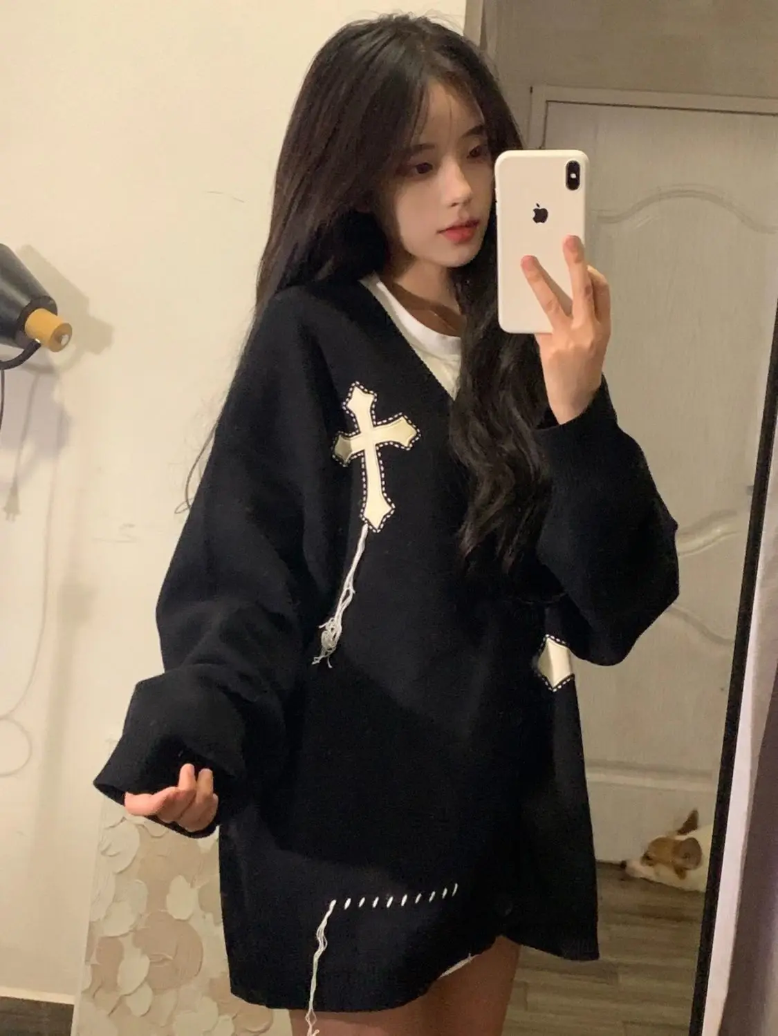 Harajuku Sweater Women Single Breasted V Neck  Embroidery Open Stitch Subculture Gothic Punk Girls Sweaters Cardigans Men