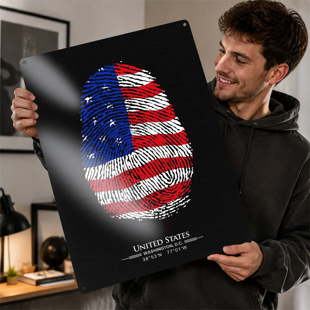 United States Flag Fingerprint Aluminum Poster Graphic Wall Art For Home Office Customized Metal Sign Geography Fan Gift Idea