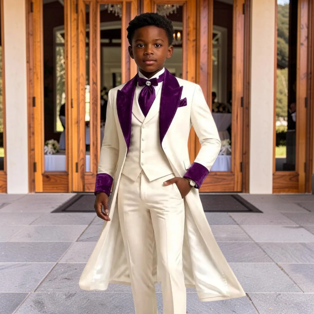 Velvet Lapel Boys Formal Wedding Tuxedo Long Style Separates Set Jacket with Vest Pants Three Pieces Custom Suit for Party 2026