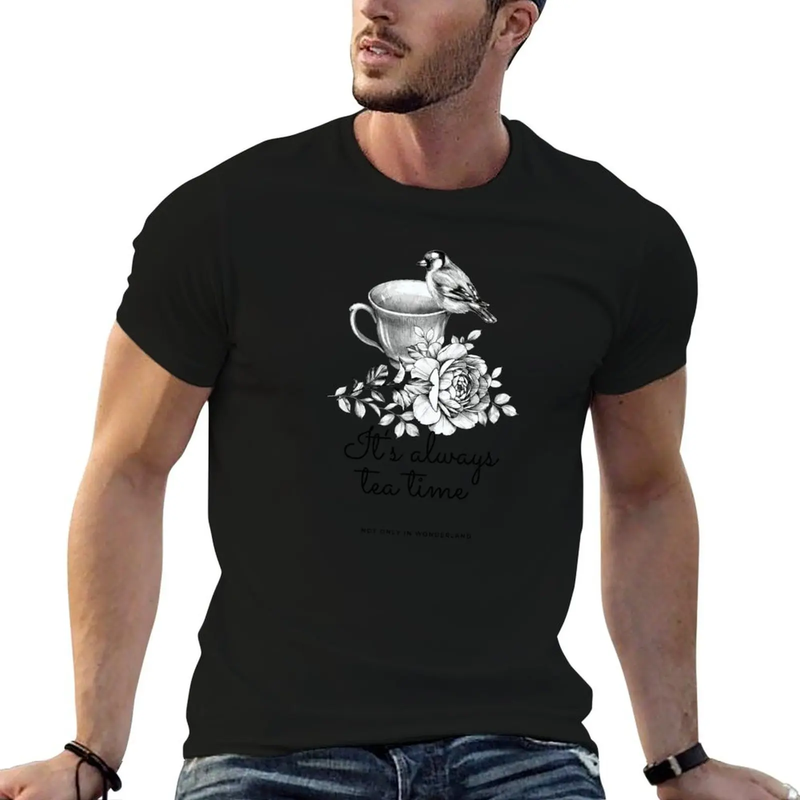 

Romantic English style teacup, bird and flower T-Shirt anime t shirts oversize man tshirt T-Shirt