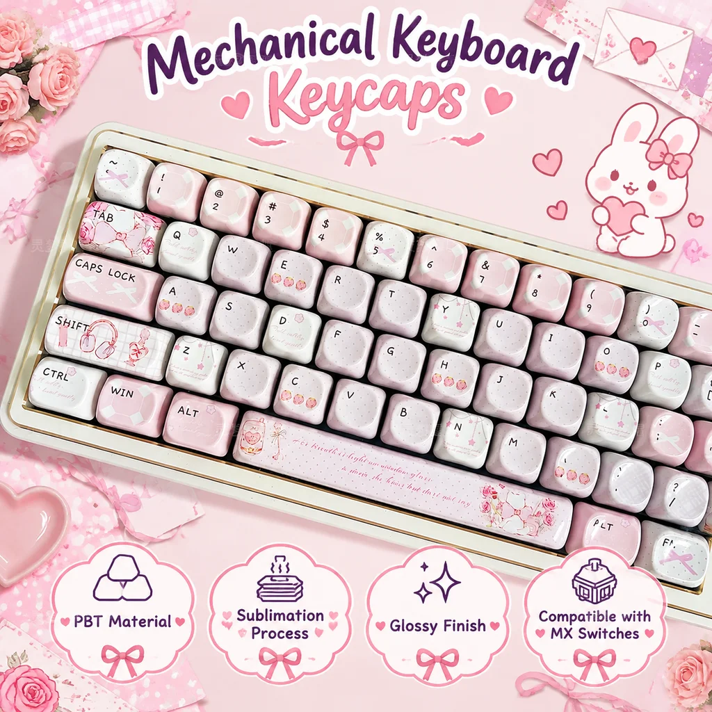 Glossy Cute Pink Keycaps,Custom MOA Profile Doubleshot PBT Key Caps Set for MX Switches Mechanical Keyboard 60% 75% 80% 100%