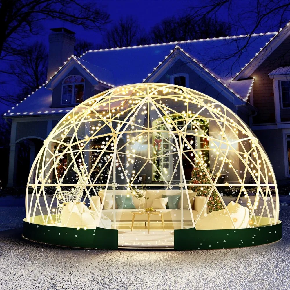 Garden Dome lgloo, Geodesic Dome Greenhouse with PVC Clear Cover, Waterproof Garden Bubble Dome Tent House with 2 x 10M Lig