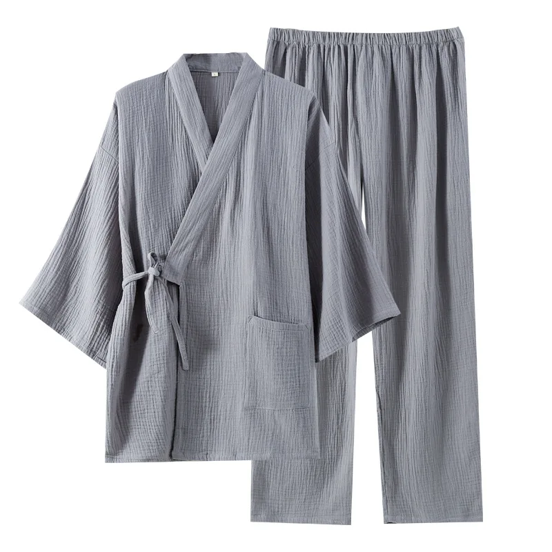 Japanese Kimono Style Pajama Set Double Layer Crepe Fabric Hotel Spa Home Wear Mens Loungewear Spring Autumn Long Sleeve
