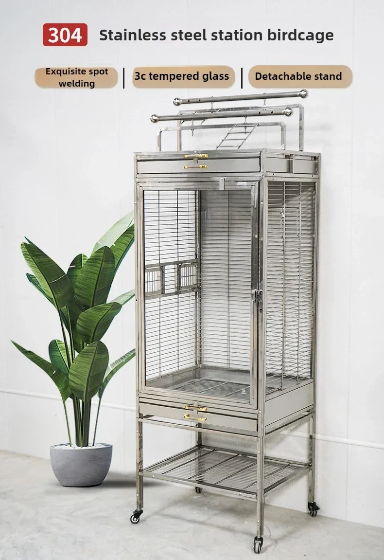 

Клетка для птиц из нержавеющей стали 304, разделенная подставка, прозрачная декоративная серая клетка для попугая Eclectus, роскошная клетка для разведения виллы