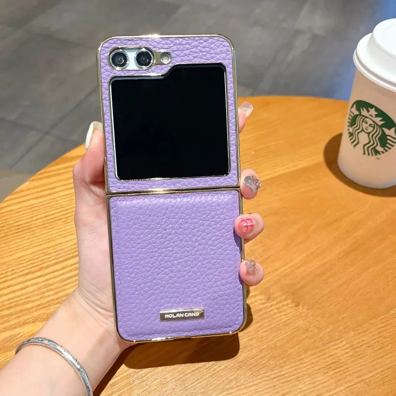 Luxury Leather Electroplated Hard PC Back Cover Case for Samsung Galaxy Z Flip 5 4 3