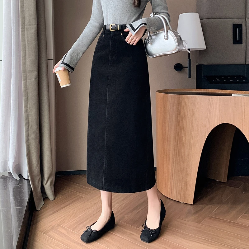 2024 Autumn Winter Vintage Corduroy Skirt Women New Fashion High Waist A-line Midi Skirt Korean Female Casual Straight Skirts