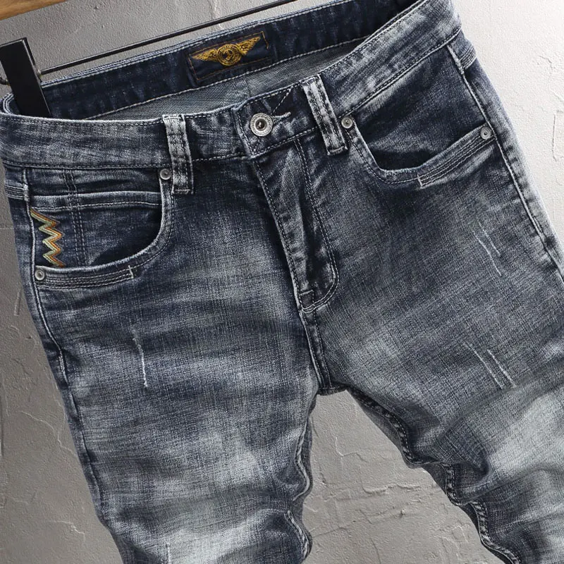 Designer Fashion Men Jeans Retro Washed Gray Blue Stretch Slim Fit Ripped Jeans Men High Quality Y2K Vintage Denim Pants Hombre