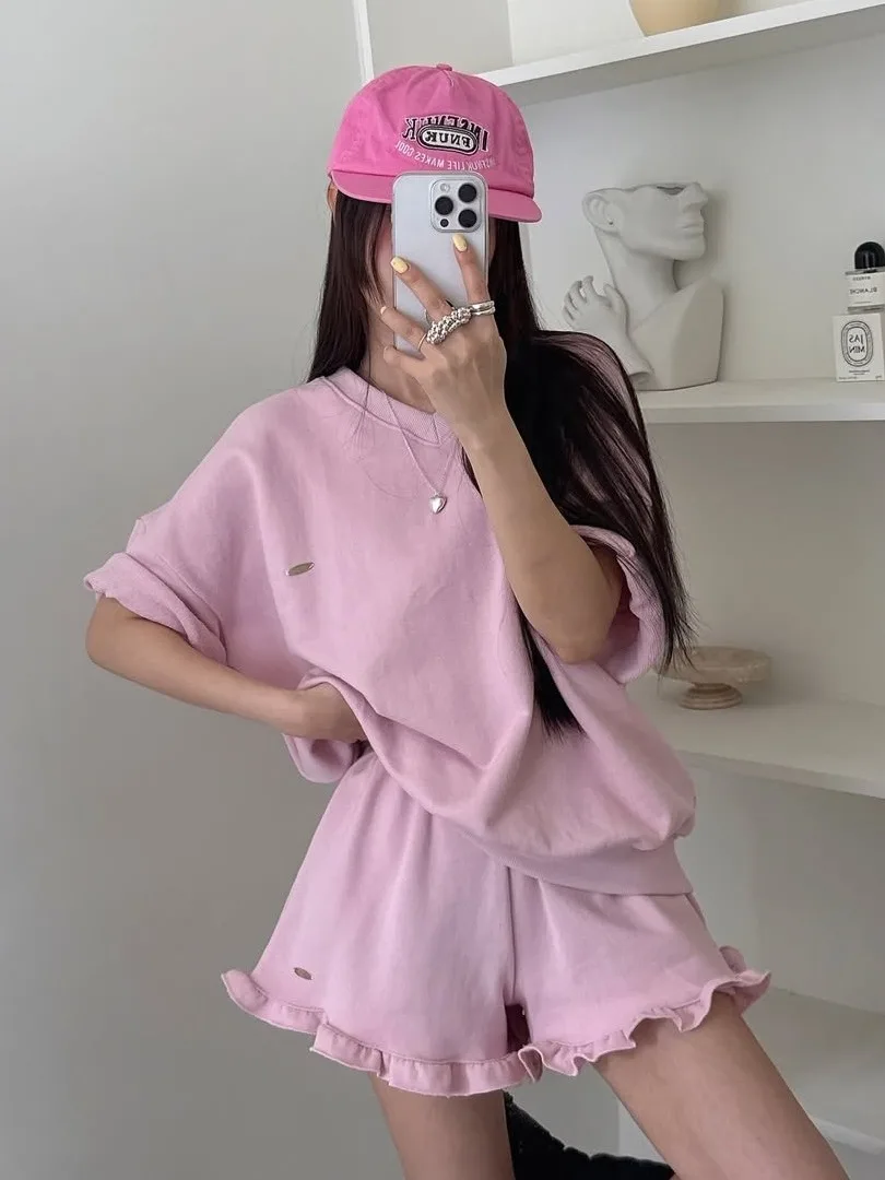 

Korean Style Short Sleeve T-Shirt Women's Summer New Design Sensation Lace Wide Leg Shorts Two Piece Set Fashionable