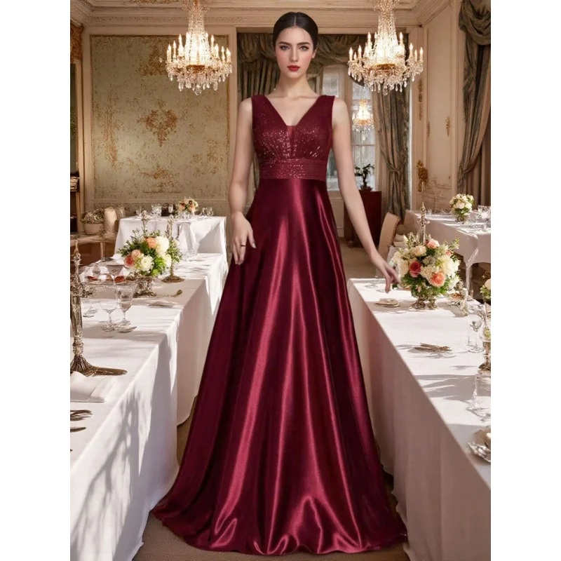 فستان سهرة أنيق جديد على الطراز الأوروبي والأمريكي من الساتان والترتر، فستان حفلات راقٍ للنساء